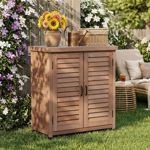Wood Outdoor Potting Bench Storage Cabinet, Waterproof Metal Top - color: Brown
