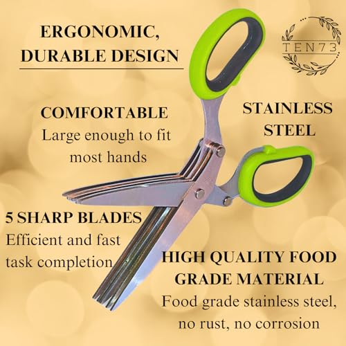 2-in-1 5-Blade Herb Scissors & Herb Stripper Set | 10-Hole Leaf stripper Stem Remover + Stainless Steel Herb Shears with Safety Cover & Cleaning Comb | Dishwasher Safe Kitchen Tool for all Herbs