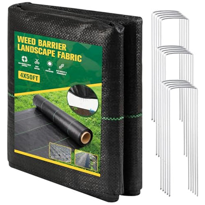 ondware Weed Barrier Fabric 4FT x 50FT with 15 Stakes - size: 4FT x 50FT