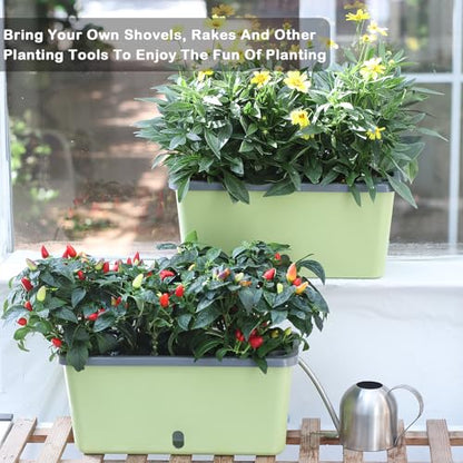 Oliz Window Box Planter 4 Packs, 14 Inches Rectangle Flower Pots with Breathable Drainage Holes, Pots for Vegetables, Herbs, Flowers, Garden Windowsill Balcony (Green & Grey) - color: Green & Grey