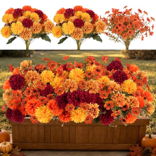 12 PCS Artificial Fall Flowers for Outdoors, UV Resistant Fake Mums