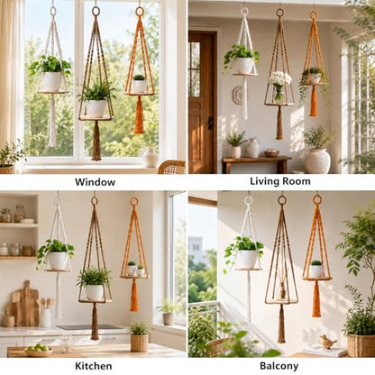 Macrame Hanging Planter with Shelf, Boho Plant Hanger for Indoor Window - color: Beige + Khaki + Orange