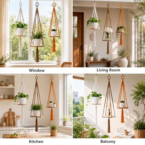 Macrame Hanging Planter with Shelf, Boho Plant Hanger for Indoor Window - color: Beige + Khaki + Orange