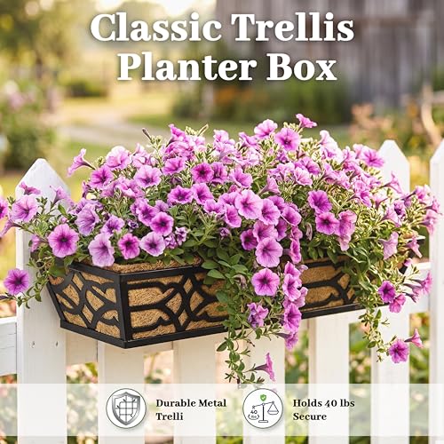 2 Pack 30 Inch Railing Planter Boxes with Coco Liner, Large Metal Window Boxes Planters for Deck Railing, Extra Wide Hanging Horse Trough for Outdoor Plants and Balcony Rails - size: 30 Inch