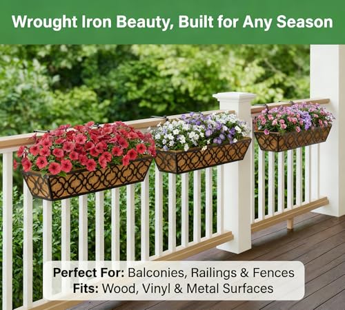 Y&M Window Boxes Horse Trough with Coconut Coir Liner, 24 Inch Window Deck with Coco Liner, Fence Metal Hanging Flower Planter Window Basket Deck Railing Planter Boxes (Flower 24in 2P) - size: Flower 24in 2P
