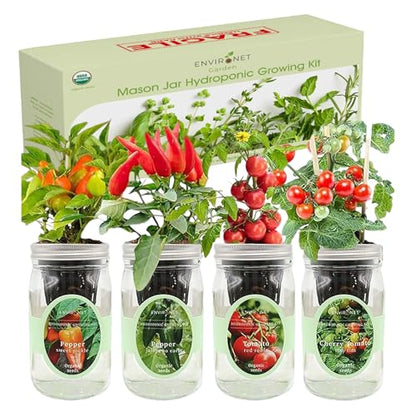 Hydroponic Herb Growing Kit Set, Self-Watering Mason Jar Herb Garden Starter Kit Indoor, Grow 4 Kinds of Herbs from Seeds (2 Tomato & 2 Pepper) - color: 2 Tomato & 2 Pepper
