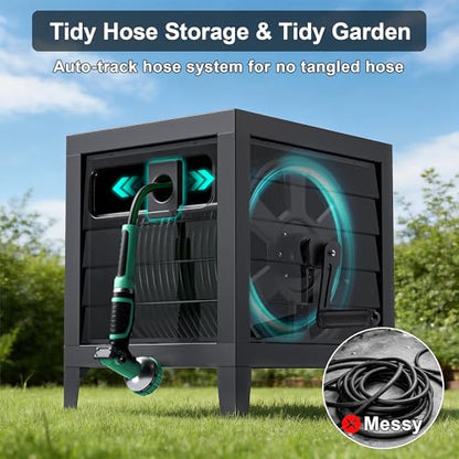Metal Garden Hose Reel Box, Heavy Duty 150Ft 5/8" Large Capacity Hose Storage Deck Box with Hose Guide, 6Ft Leader Hose, Leak-Proof Aluminum Water Connection, Manual Crank Handle (Dark Brown)