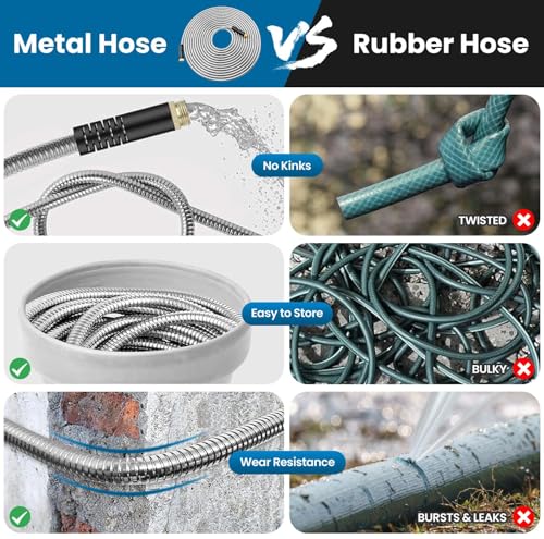 Garden Hose 100FT, Water Hose with 10 Function Nozzle, Garden Hose Metal with Leak-proof Connectors, Kink-Free & Ultra Flexible, Rust/Puncture Proof for Lawn, Yard, RV, Car Wash, 550PSI - size: 100 FT