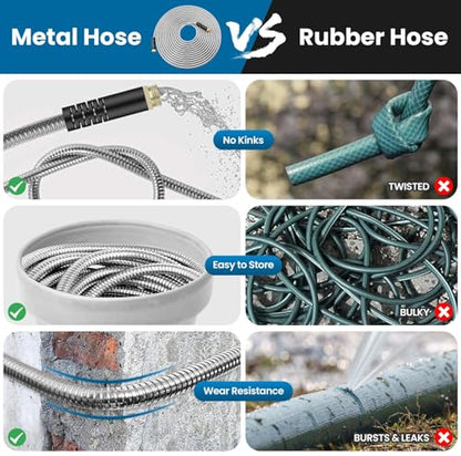 Garden Hose 100FT, Water Hose with 10 Function Nozzle, Garden Hose Metal with Leak-proof Connectors, Kink-Free & Ultra Flexible, Rust/Puncture Proof for Lawn, Yard, RV, Car Wash, 550PSI - size: 100 FT