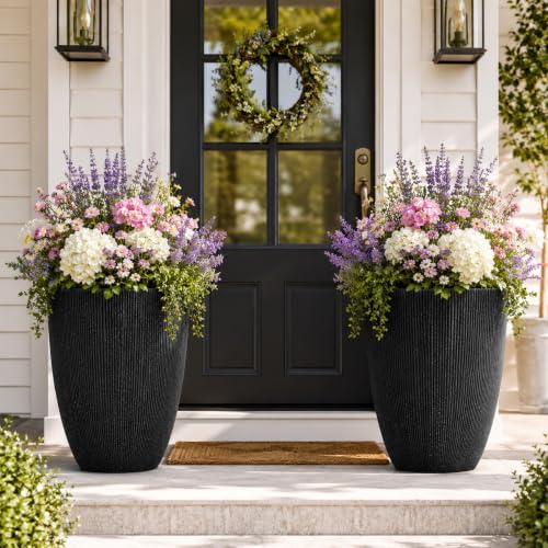 19" Black Concrete-Look Resin Tall Planters with Fluted Texture - color: 19"h-mediterranean Black