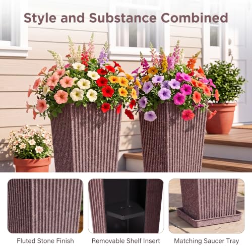 24" Tapered Tall Planters for Outdoor Plants with Tray&Shelf, Brown - color: Brown-concrete Look/Sandblasting
