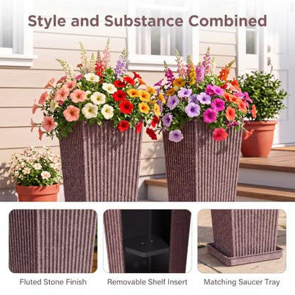 24" Tapered Tall Planters for Outdoor Plants with Tray&Shelf, Brown - color: Brown-concrete Look/Sandblasting