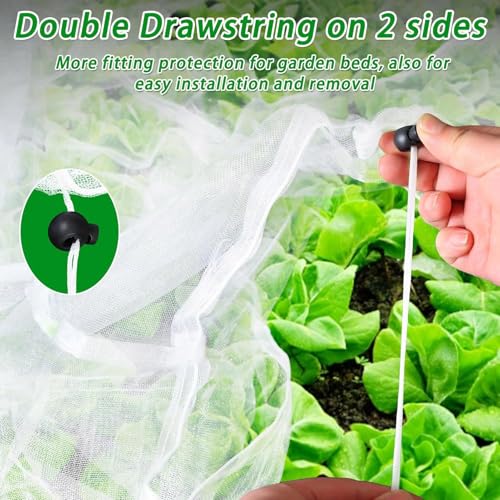 Garden Netting for Raised Bed Cover, Fine Mesh Insect Barrier Netting with Drawstring, Plant Protection for Vegetables & Fruits, 51x31 Inch White
