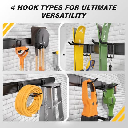 99 Inches Garage Storage, UUP Garage Organization, Wall Mount Garden Tool Organizer, Max 1000lbs Adjustable Metal Hook, Yard Shed Hanging Utility Rack, Heavy Duty Shelving for Rake Broom Mop Snowboard - size: 99" with 6 Panels & 14 Hooks