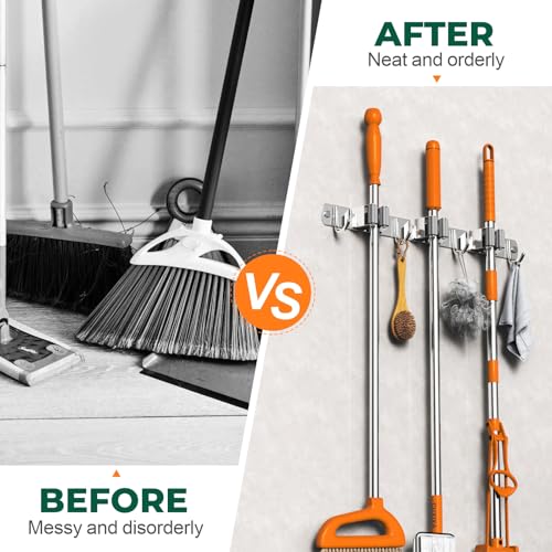 CUXIXA Mop and Broom Holder Wall Mount for Kitchen Garden Laundry Garage - color: Silver, size: 3 Racks with 4 Hooks