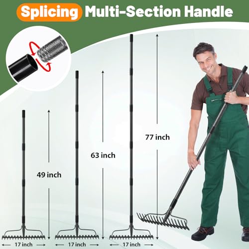 Garden Leaf Rake with 77 Inch Handle, Heavy Duty 17 Inch Wide Metal Garden Lawn Rake for Loosening Soil Raking Leaf Leveling Rocks Spreading Mulch Gravel, Rustproof Metal Bow Rakes Garden Tools - style: 77"