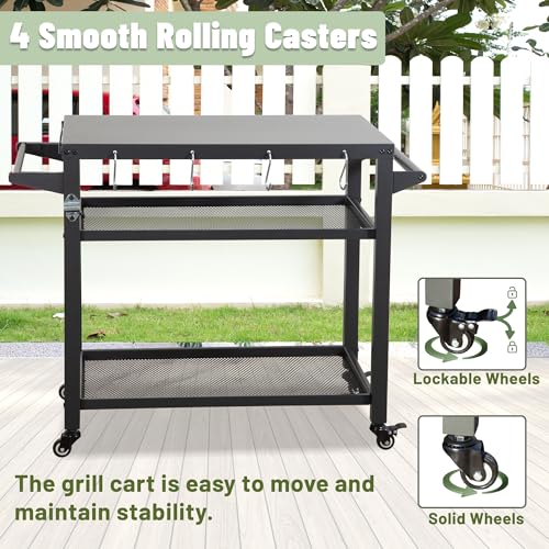 Domi 3-Shelf Outdoor Grill Table, Grill Cart Outdoor with Wheels, Pizza Oven and Food Prep Table, Blackstone with Propane Tank Hook, BBQ Stand for Blackstone Griddle for Outside BBQ - style: Galvanized Steel Tabletop+Mesh Shelf