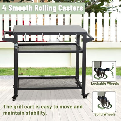 Domi 3-Shelf Outdoor Grill Table, Grill Cart Outdoor with Wheels, Pizza Oven and Food Prep Table, Blackstone with Propane Tank Hook, BBQ Stand for Blackstone Griddle for Outside BBQ - style: Galvanized Steel Tabletop+Mesh Shelf