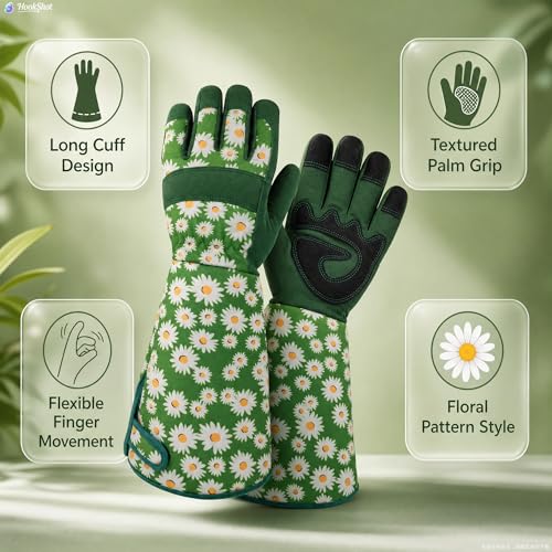 Thornproof Rose&Cactus Gardening Gloves,Gauntlet Garden Glove,Gifts - color: Green Daisy, size: Large