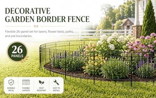 Garden Fence 26.7 FT x 17" H, Decorative Metal Border for Flower Beds - size: 26 Square Panels-26.7 ft (L) x 12.32 in (W)