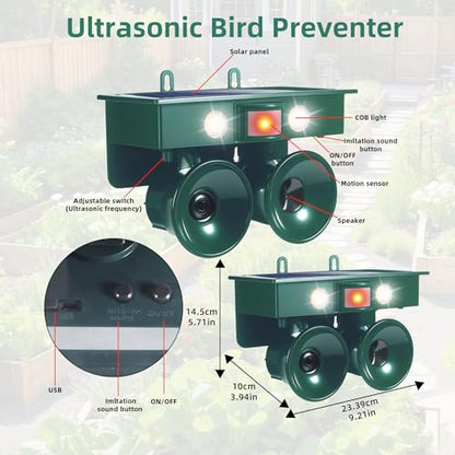 2026 New Ultrasonic Bird Repeller Solar Powered Outdoor IP65 Motion Activated Bird Pigeon Deterrents for Outside with Flash Light Woodpecker Goose Repellent Devices for Rooftops Porch Patio Balconies