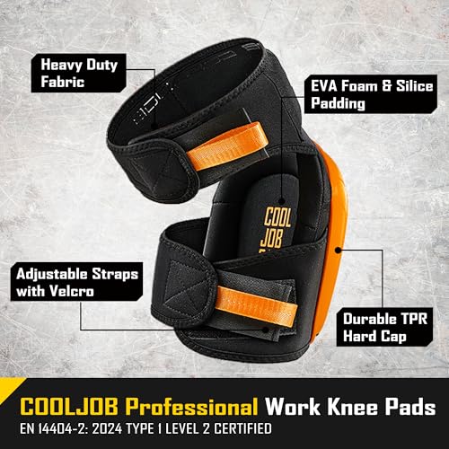 COOLJOB Professional Knee Pads with Heavy Duty Anti-Slip Cap, Comfortable Foam Cushion and Extra Thick Gel Padding for Construction Flooring, Reinforced & Adjustable Straps, Orange - color: Orange