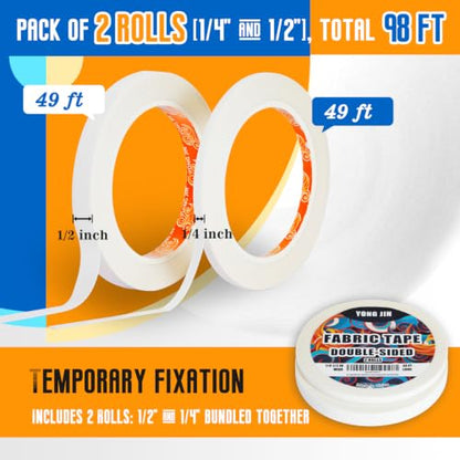 Double-Sided Fabric Tape,Hem Tape No Sew No Iron,1/4"+1/2" (2 Rolls) - size: 1/4inch+1/2inch