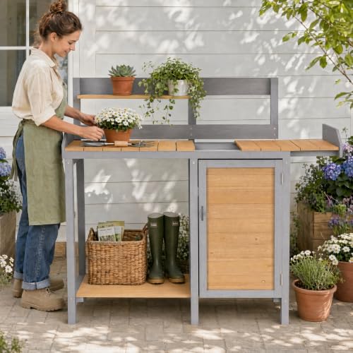 Wooden Potting Bench Table with Sink,Outdoor Garden Table Work Bench with Storage, Workstation for Outside Lawn Patio - size: 17"x41"x43.5" w/Cabinet