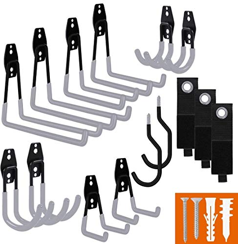 SMARTOLOGY Garage Hooks with Bike Hook & Extension Cord Organizer, 15 Pack Set Steel Multi-Tool Hanger, Heavy Duty Utility Storage Holder for Home & Warehouse Lawn Garden Tool Organizer - color: Gray
