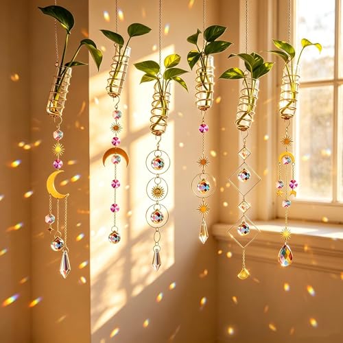 6Pcs Crystal Suncatchers with Propagation Stations Glass Wall Planters - color: Golden-6pcs