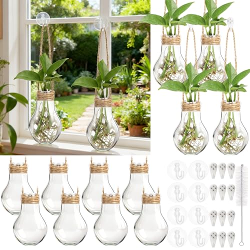 Baderke 12 Sets 3.15" Plastic Window Propagation Stations Hanging Propagation Vases Plant Test Tubes with Suction Cup & Traceless Nail & Brush Clear Wall Jars for Office Home Garden Decor Lover Gift - size: 3.15" H x 2.09" W