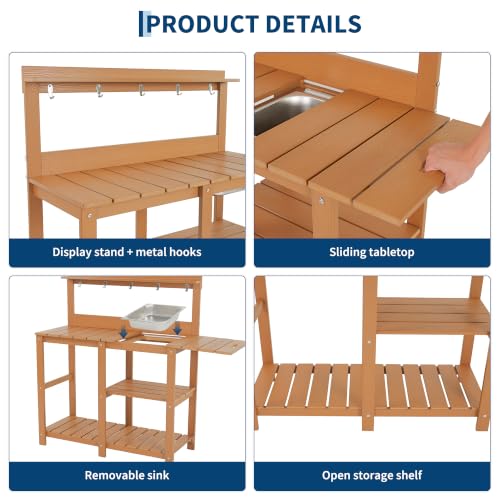 Outdoor Potting Bench Table with Metal Basin - color: Teak Finish