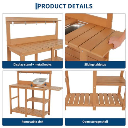Outdoor Potting Bench Table with Metal Basin - color: Teak Finish