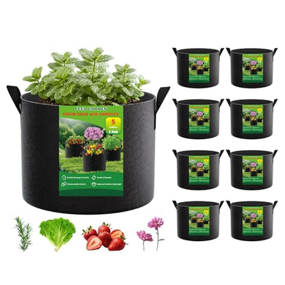 FEED GARDEN 5 Gallon Grow Bags 8 Pack – 300G Thickened Non-Woven Fabric Pots Double-Stitched Handles, Foldable Breathable Drainage Planters for Herbs, Lettuce, Strawberries & Flowers, Indoor Outdoor - size: 5 Gallon