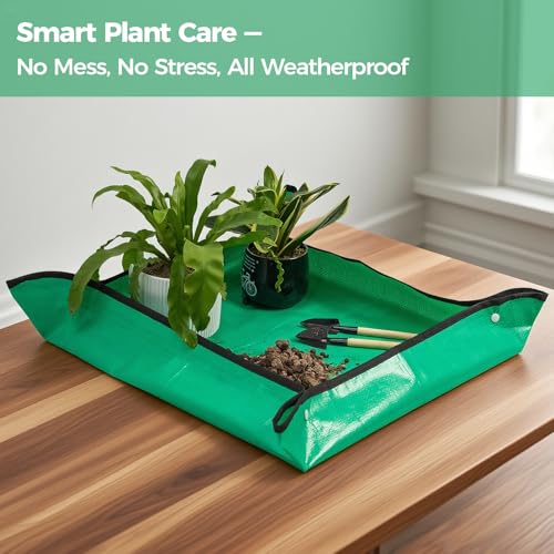 Plant Repotting Tarp 27"x 27" - Waterproof Repotting Mat for Indoor Plants, Extra Large Potting Mat with Raised Edges to Prevent Soil Spills, Green