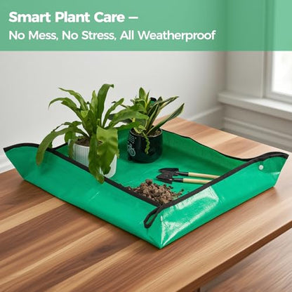 Plant Repotting Tarp 27"x 27" - Waterproof Repotting Mat for Indoor Plants, Extra Large Potting Mat with Raised Edges to Prevent Soil Spills, Green