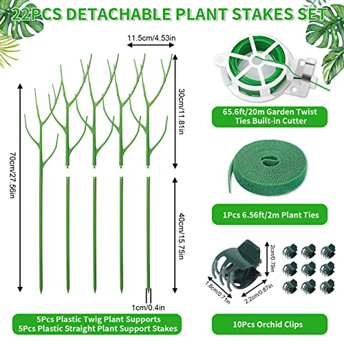 ROADPLUM 5 Pack 27.56" Detachable Twig Plant Support Stakes Set, Blends in to Plant, Branch Plant Sticks with Orchid Clips Twist Plant Ties, Twig Trellis for Indoor Outdoor Plants Potted Plants Flower - color: Green, size: 27.56" - 5 Pack