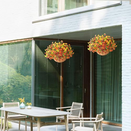 Artificial Flowers for Outdoors Faux Fall Hanging Baskets UV Resistant - color: G Orange Brown Yellow