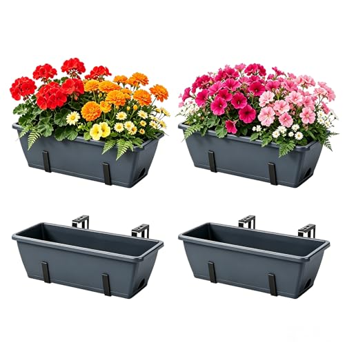 OYEAL Deck Railing Planter Boxes 4 Pack Hanging Window Flower Boxes Outdoor - color: Grey & Black