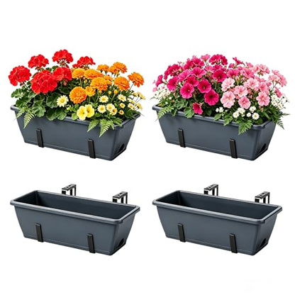 OYEAL Deck Railing Planter Boxes 4 Pack Hanging Window Flower Boxes Outdoor - color: Grey & Black