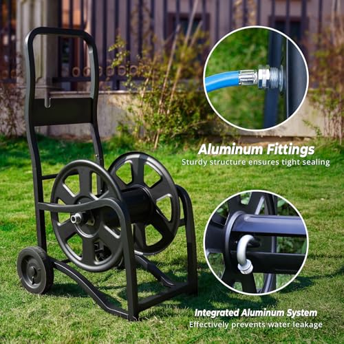 Garden Hose Reel Cart, Heavy Duty Metal Water Hose Cart with Wheels, Holds 200FT x 5/8" Hose, Leak-Proof Aluminum Water System, Anti-Burst Wheels, Ergonomic Crank, Outdoor Rust-Resistant