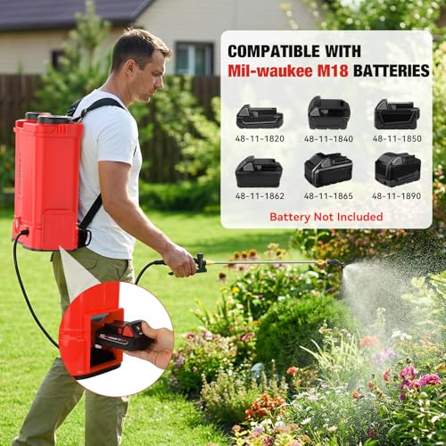 Battery Powered Backpack Sprayer for Milwaukee M18 Battery, 5.3 Gallon, 100 PSI Electric Weed Sprayer, Yard Graden Sprayer with Telescopic Wand, 7 Nozzles, Backpack Sprayer 18v (Battery Not Included) - color: red