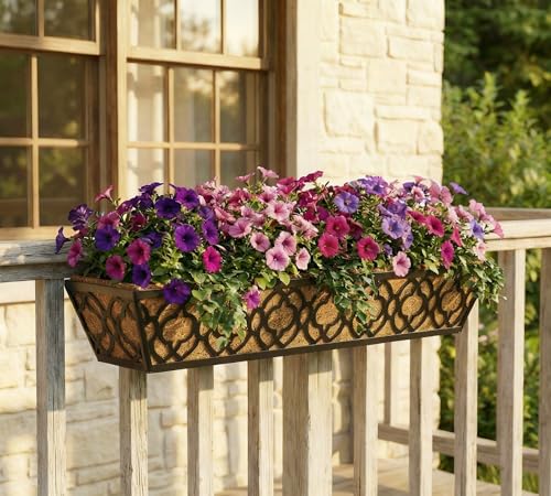 Y&M 4Pcs 30'' Railing Planter Box Set with Coconut Coir Liner, Flower Boxes with Adjustable Brackets, Large Metal Hanging Window Boxes for Fence, Deck, Balcony, and Outdoor Garden - size: Flower 30in 4P