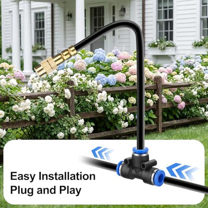 100FT Drip Irrigation System Kit, 1/4 Inch Garden Watering System with 16 Adjustable Brass Nozzles, Automatic Misting Watering Kit for Raised Beds, Greenhouse, Lawn, Patio, Yard