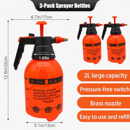 3-Pack Hand Pump Sprayer 2L (1/2 Gallon) with Adjustable Brass Nozzle, Handheld Pressure Spray Bottle for Garden Watering & Household Cleaning - color: Orange Red