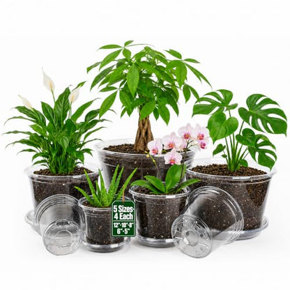 MIXC 12/10/8/6/5 Inch 20 Pack Clear Nursery Pots with Drainage & Sacuer - size: 12/10/8/6/5 IN*20 Pack