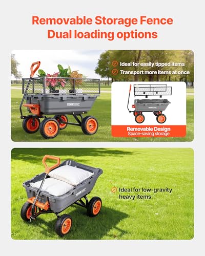VEVOR 800LBS 7 CU.FT Poly Garden Cart Dump Wagon, Heavy Duty 4 Wheel Wheelbarrow with 10" Flat Free Tires, Yard Cart Dump Wagon with Removable Raised Sides and Quick-Release System - color: Grey01