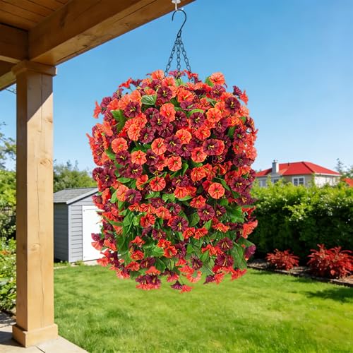 Fake Fall Artificial Outdoor Flowers Plant with Hanging Basket UV Resistant - color: Orange Brown