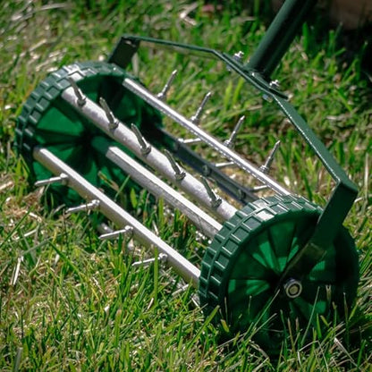Push Lawn Aerator 57" Handle, 1.4" Rolling Spikes Durable Galvanized Steel, Manual Core Aeration Tool for Compacted Soil, Rustproof, Easy Assembly