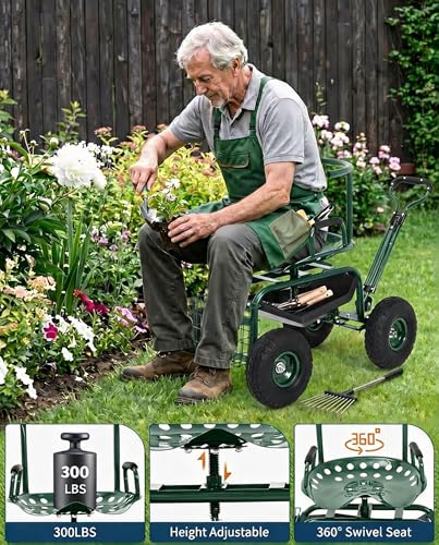 Garvee Heavy Duty Garden Cart, Garden Scooter Rolling Work Seat - color: Green With Back